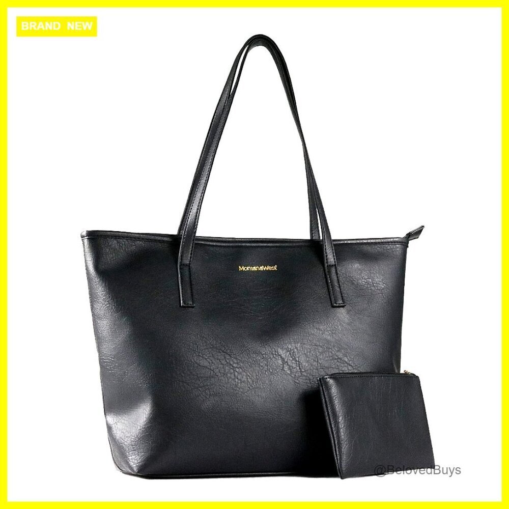 Large Vegan Leather Tote Bag with Pouch, Zipper Closure, Double Handles